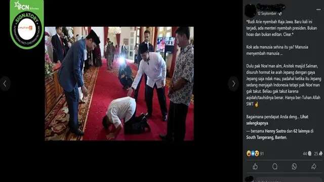 Cek Fakta: Tidak Benar dalam Foto Ini Menkominfo Budi Arie Sujud di Hadapan Jokowi