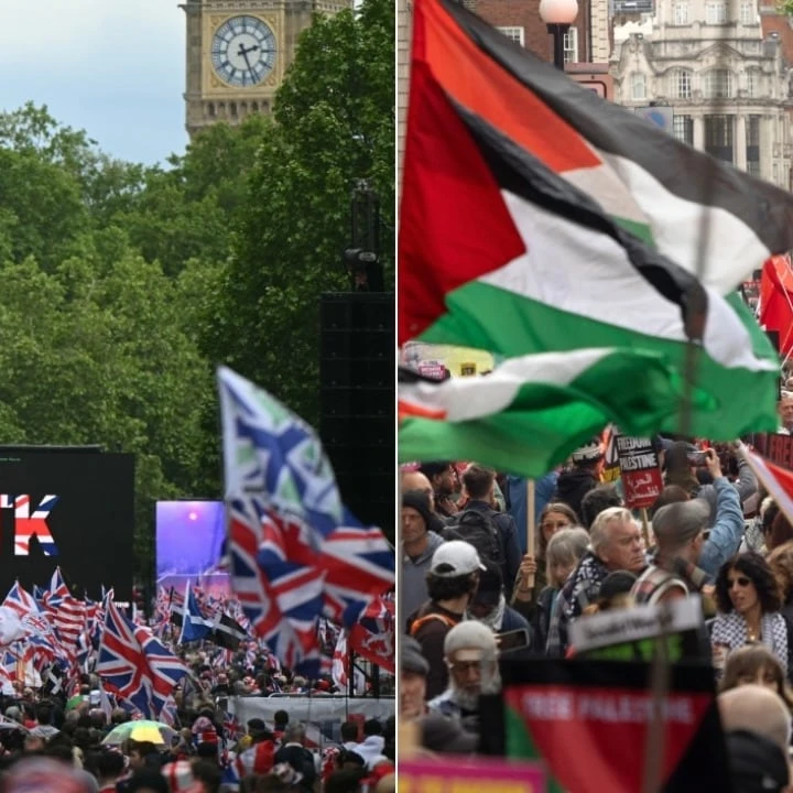 Thousands join rival ‘Unite the Kingdom’ and pro-Palestine protests in London