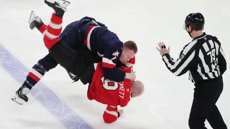 Canada, U.S. drop the gloves in fight-filled start to 4 Nations matchup in Montreal