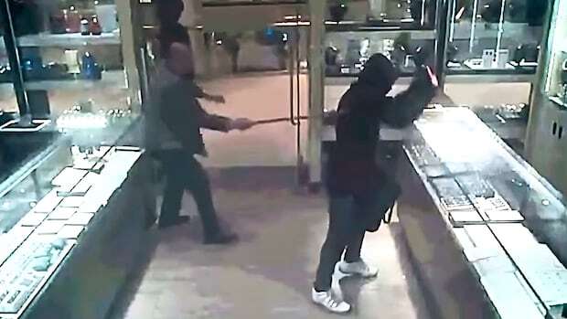 'It's not going to happen here': Video captures Markham, Ont., jeweler fending off robbers with broom handle