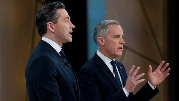 Carney, Poilievre tangle on stage for last time before election
