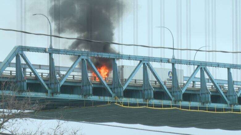 Truck catches fire on Ambassador Bridge