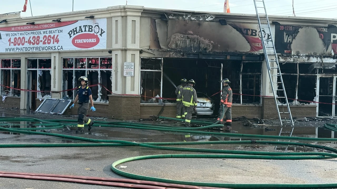 Crews put out 5-alarm blaze after car crashes into Etobicoke fireworks store: Toronto Fire