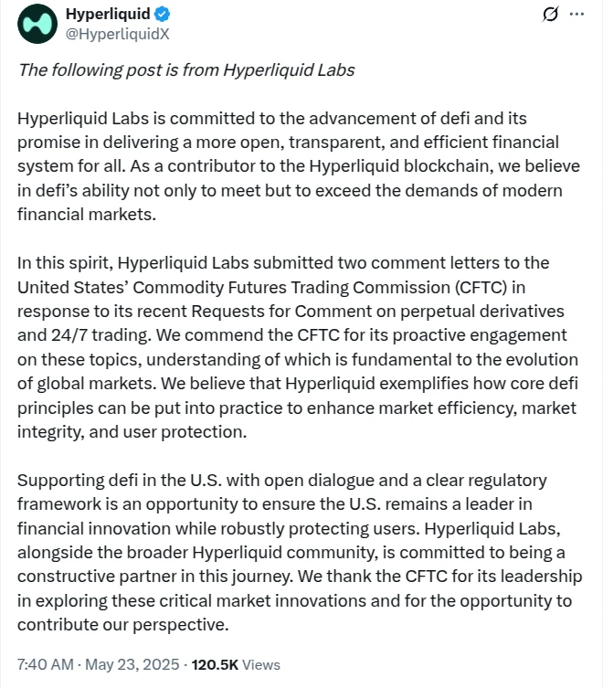  Hyperliquid submits CFTC comments on 24/7 derivatives trading 