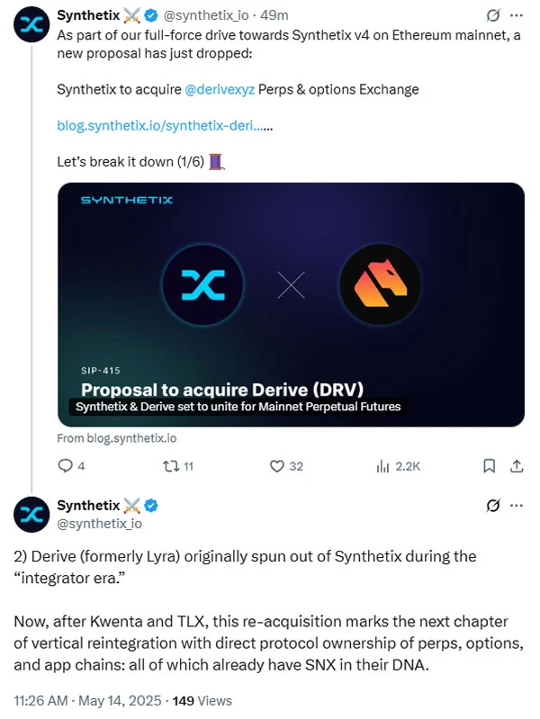  Synthetix makes $27M bid to re-acquire crypto options platform Derive 