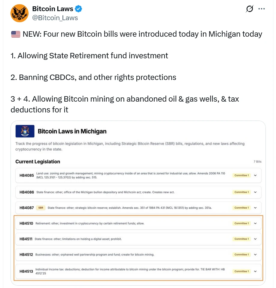  Michigan lawmakers file 4 crypto bills on retiree funds, CBDCs, mining 