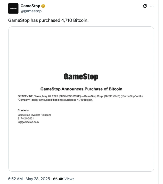  GameStop officially confirms first Bitcoin purchase of 4,710 BTC 