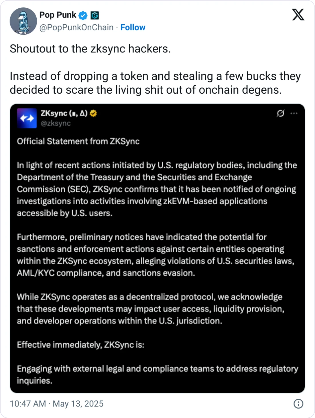  ZKsync X hacker posts false SEC probe in apparent effort to crash token 