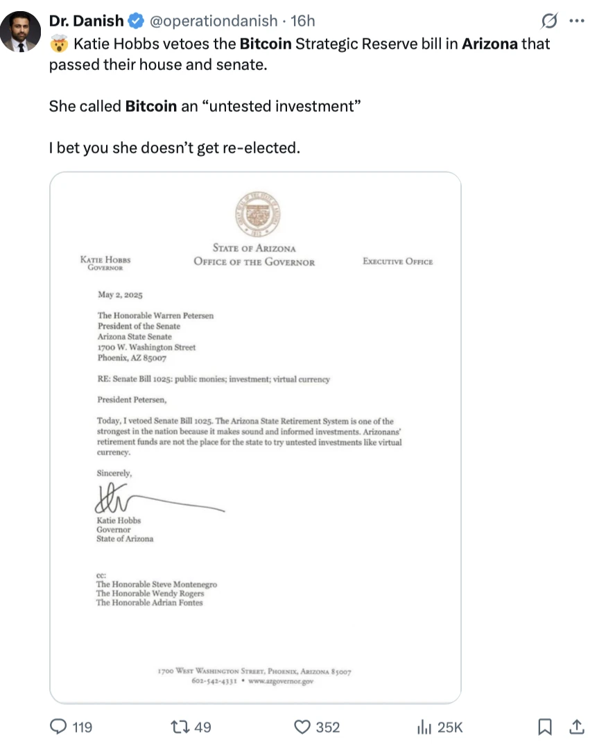  Bitcoiners blast Arizona governor’s ‘ignorance’ after Bitcoin reserve bill veto 