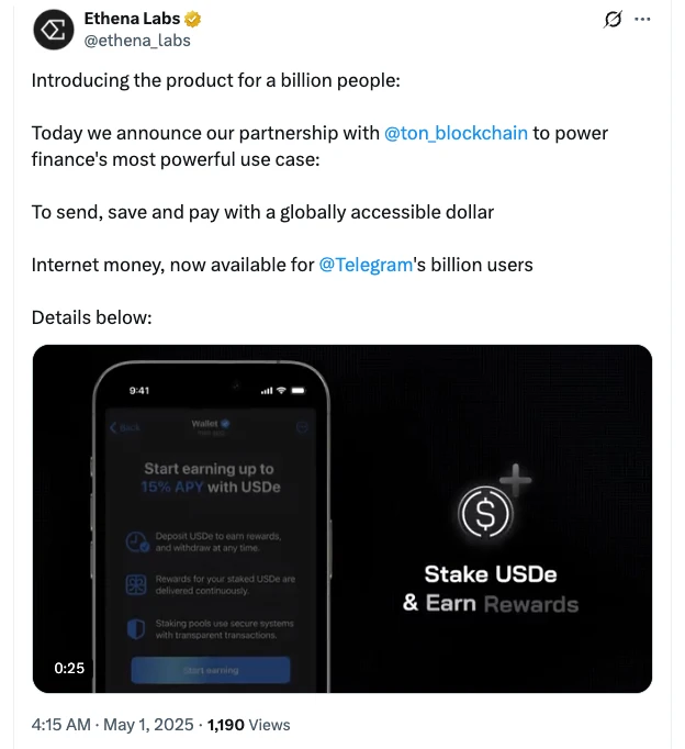  Ethena partners with TON to offer USDe to one billion Telegram users 
