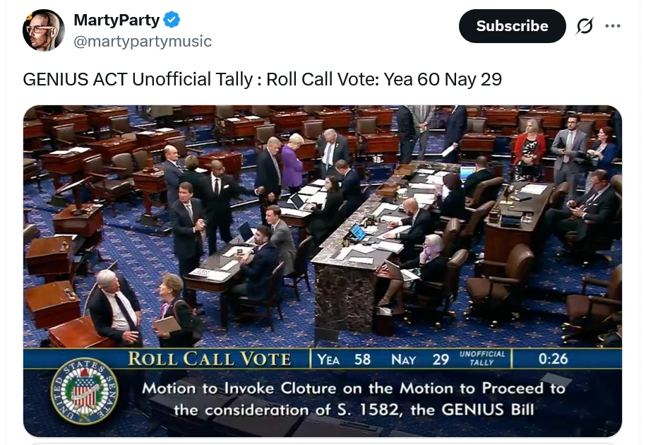  US Senate moves forward with GENIUS stablecoin bill 