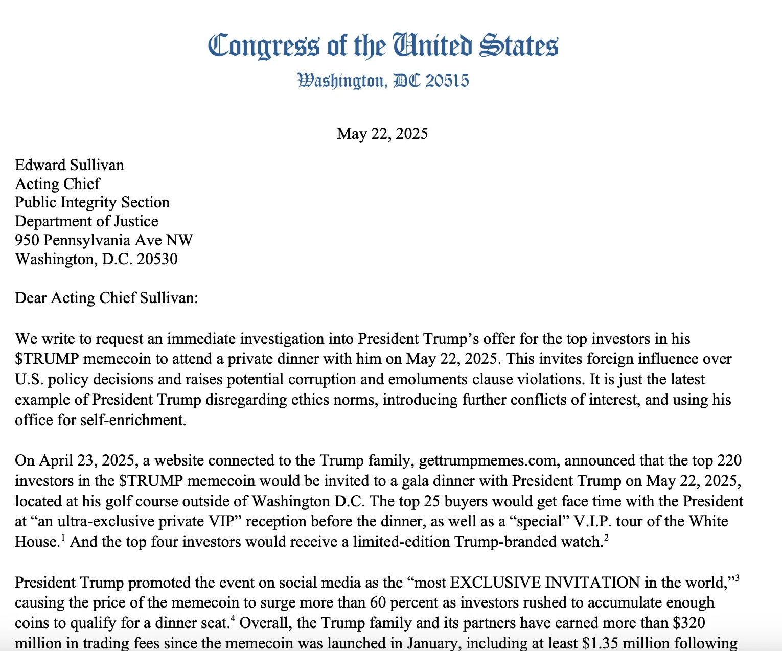  US House members call for investigation into Trump's memecoin dinner 
