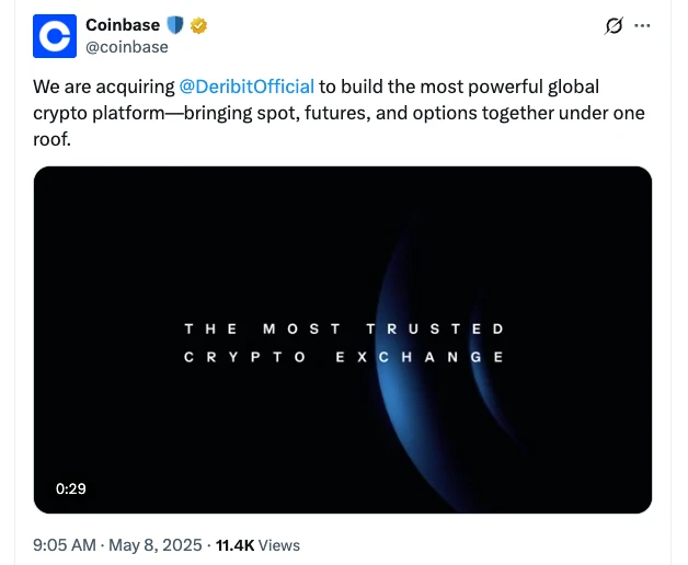  Coinbase to acquire options trading platform Deribit for $2.9B 