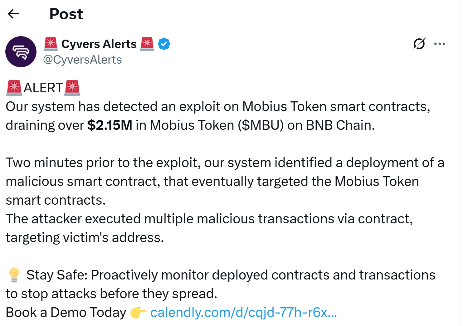  Mobius Token smart contracts on BNB Chain exploited, $2.1M drained 