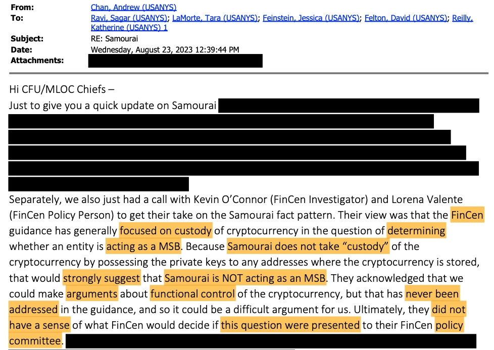  Samourai Wallet says feds hid advice that crypto mixer was in the clear 