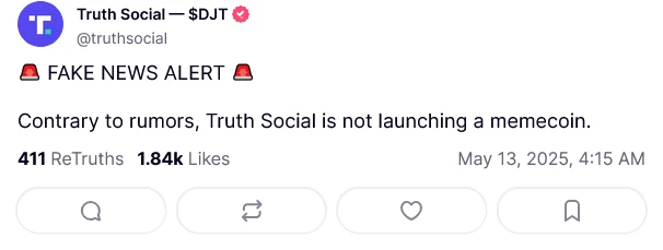  Trump-owned Truth Social denies it is launching a memecoin 