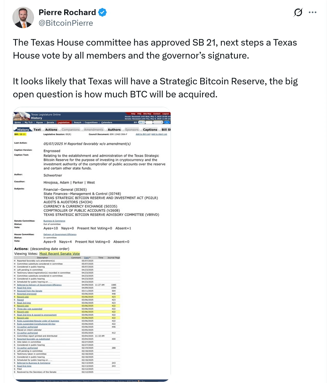  Texas House committee passes Bitcoin reserve bill for full floor vote 
