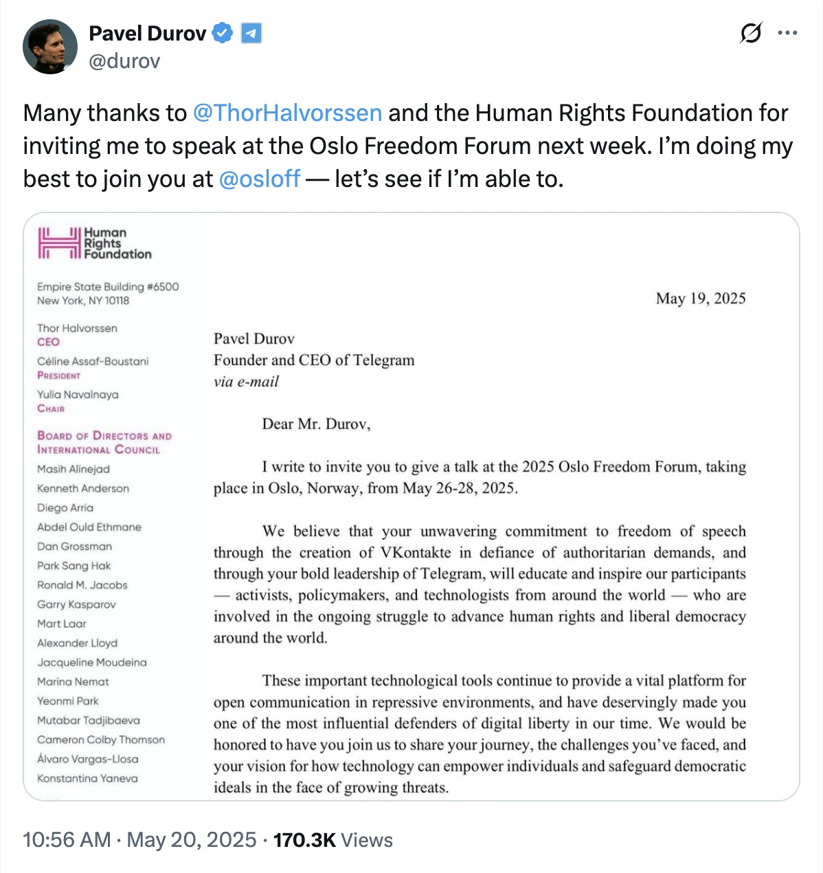  Durov blocked from attending Oslo Freedom Forum — Human Rights Foundation 