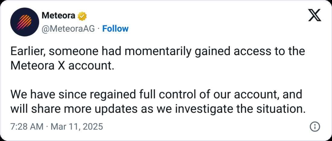  Meteora says co-founder’s X account hacked after ‘parasitic’ memecoin post 