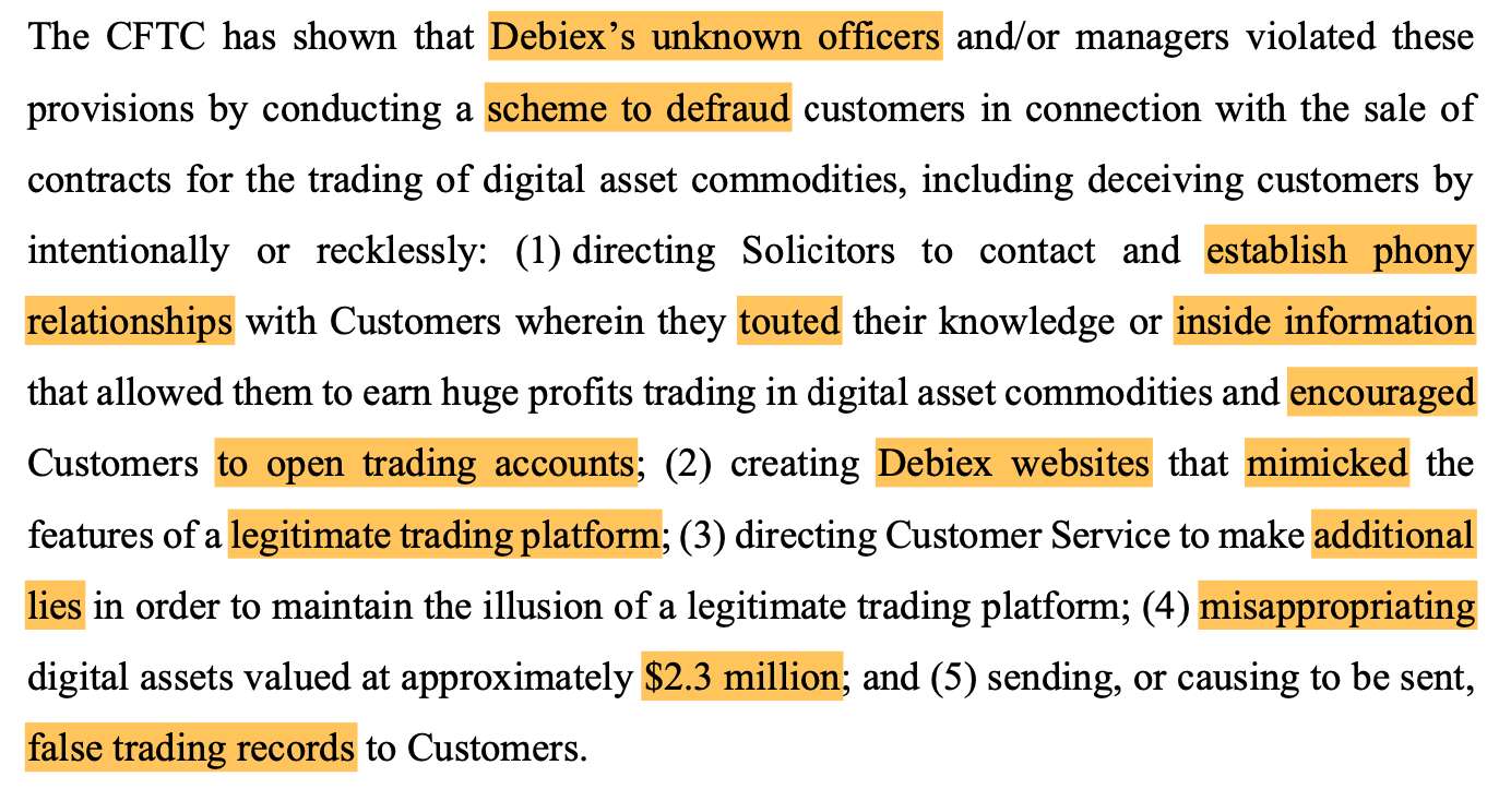  Crypto platform Debiex must pay $2.5M in CFTC ‘pig butchering’ case 