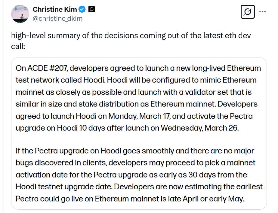  Ethereum pushes back Pectra upgrade to conduct third testnet ‘Hoodi’ 