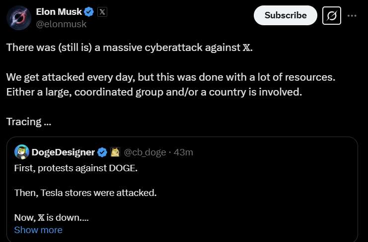  Elon Musk: There is a ‘massive cyberattack against X’ 