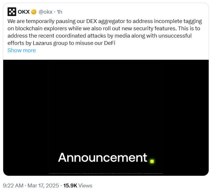  OKX suspends DEX aggregator to stop ‘further misuse’ by Lazarus 