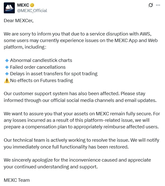 Binance, KuCoin, MEXC report service issues due to AWS network interruption 