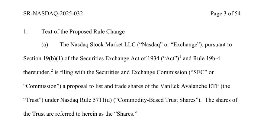  Nasdaq files to list VanEck spot Avalanche ETF 