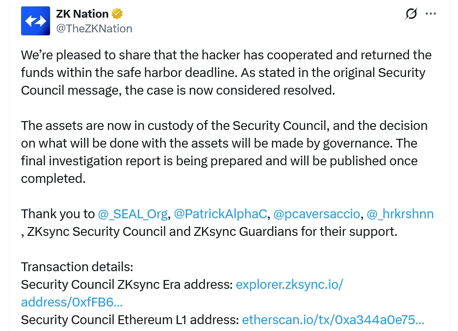  ZKsync recovers $5M of stolen tokens after hacker accepts bounty offer 