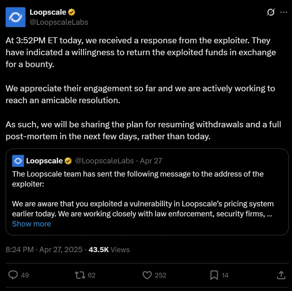  Loopscale hacker in talks to return stolen crypto 