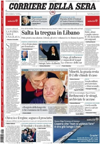 1 minuto faLe prime pagine di oggiLa tregua in Libano e l'opposizione di Hezbollah, il voto alla Camera sull'energia nucleare, e il comunicato della presidenza della Repubblica sulla grazia a Minetti