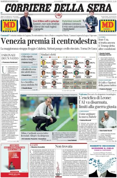 3 minuti faLe prime pagine di oggiI risultati delle amministrative, l’enciclica di papa Leone XIV, la trattativa fra Iran e Stati Uniti, e le minacce russe all'Ucraina