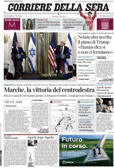 1 minuto faLe prime pagine di oggiLa vittoria di Acquaroli alle elezioni regionali nelle Marche, il piano di pace per Gaza di Trump, e il nuovo testamento di Gianni Agnelli