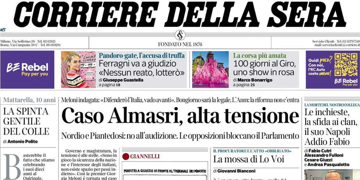 Le prime pagine di oggiL'indagine su Meloni, la mozione sull'immigrazione approvata dal parlamento tedesco con il voto di AfD, e il rinvio a giudizio di Ferragni