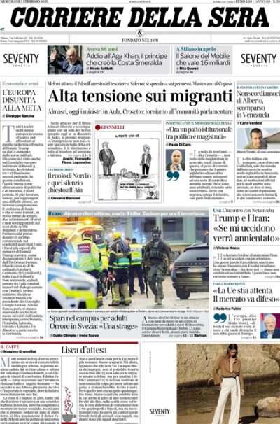 Le prime pagine di oggiNordio e Piantedosi in parlamento sulla liberazione di Almasri, la sparatoria in una scuola in Svezia, e l'incontro fra Trump e Netanyahu