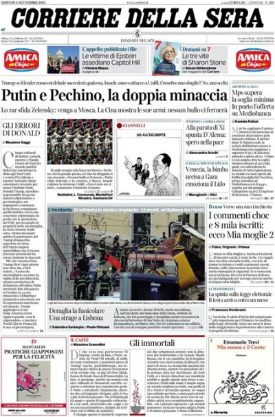 pochi secondi faLe prime pagine di oggiLa parata militare a Pechino, l'incidente della funicolare a Lisbona, e il successo dell'offerta di acquisto di MPS su Mediobanca
