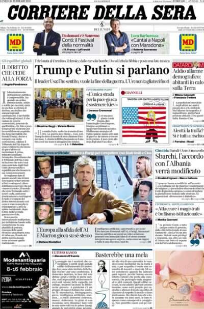 Le prime pagine di oggiLa telefonata fra Trump e Putin, il nuovo presidente dell'Associazione nazionale magistrati, e l'attesa per il Festival di Sanremo