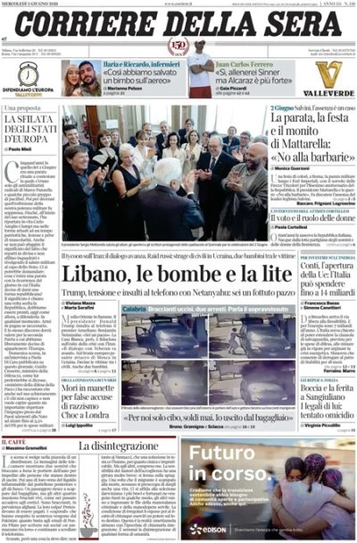 1 giorno faLe prime pagine di oggiLa festa della Repubblica, i braccianti bruciati vivi vicino a Cosenza, e le tensioni fra Netanyahu e Trump