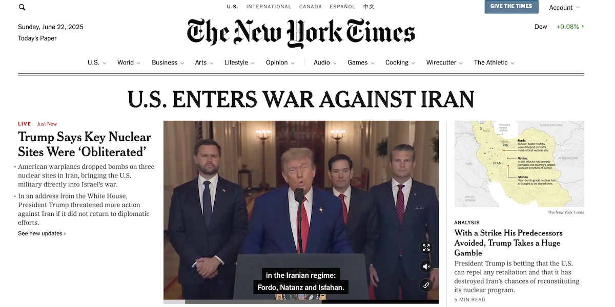 Le homepage internazionali sull’attacco degli Stati Uniti in IranAlcune descrivono l'attacco, fra foto e titoli molto grandi, altre insistono sul ruolo avuto da Trump