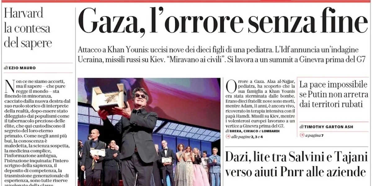 Le prime pagine di oggiLa catastrofica situazione di Gaza, gli ultimi attacchi russi su Kiev, le elezioni amministrative e il film vincitore del festival di Cannes