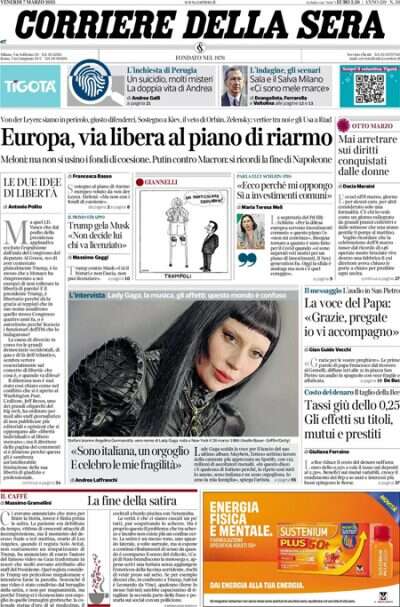 Le prime pagine di oggiIl piano europeo per il riarmo, la riduzione dei tassi di interesse decisa dalla BCE, e il messaggio del Papa malato ai fedeli