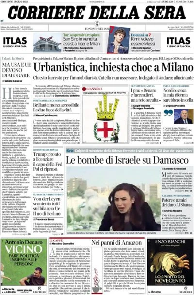 1 minuto faLe prime pagine di oggiL'indagine sull'urbanistica a Milano, il bombardamento israeliano a Damasco, e il bilancio pluriennale dell'Unione Europea