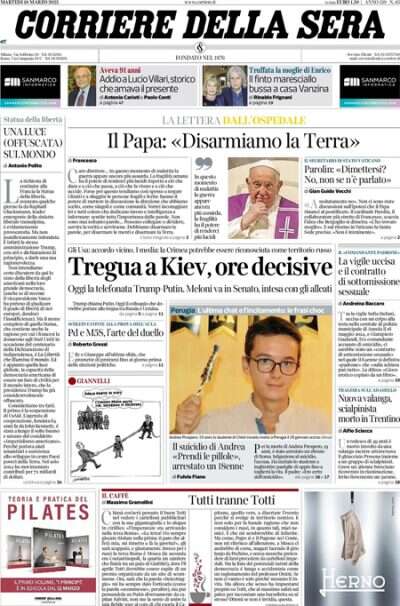 Le prime pagine di oggiLa telefonata fra Trump e Putin, le mozioni parlamentari sul riarmo europeo, e la morte di Lucio Villari