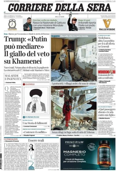 Le prime pagine di oggiLa guerra fra Iran e Israele, Gattuso allenatore della nazionale, e il rinvio dell'assemblea di Mediobanca su Banca Generali