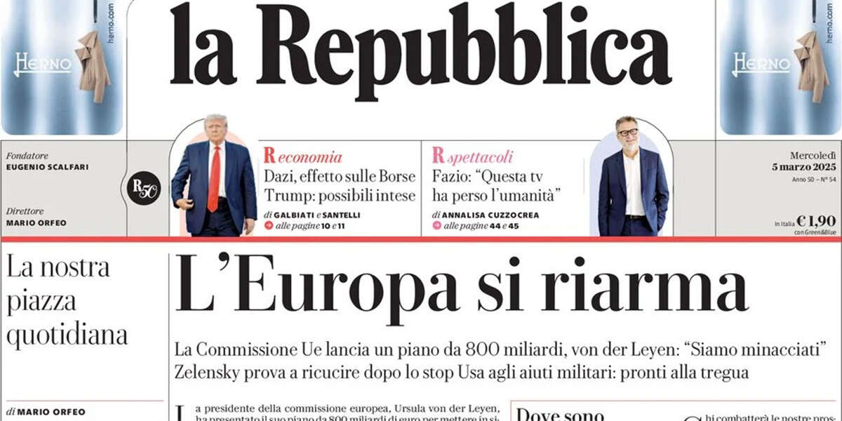 Le prime pagine di oggiIl riavvicinamento di Zelensky agli Stati Uniti, il piano di riarmo della Commissione europea, e gli effetti dei dazi sulle Borse