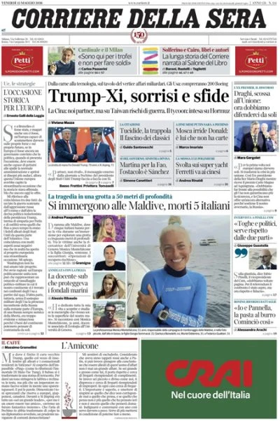 2 minuti faLe prime pagine di oggiL'incontro fra Xi Jinping e Trump, la morte di cinque turisti italiani alle Maldive, e la visita del papa alla Sapienza a Roma
