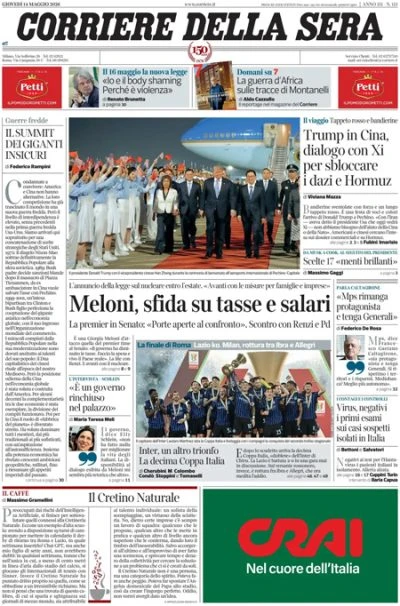 2 minuti faLe prime pagine di oggiIl viaggio in Cina di Trump, Meloni in Senato, Kate Middleton a Reggio Emilia, l'hantavirus, e la vittoria della Coppa Italia dell'Inter