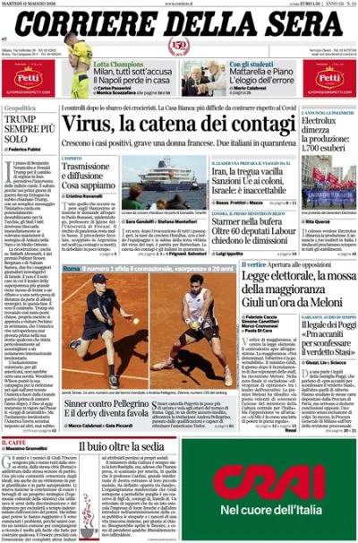 3 minuti faLe prime pagine di oggiLe preoccupazioni per l'hantavirus, quelle per il futuro della tregua fra Iran e Stati Uniti, l'incontro fra Meloni e Giuli, e gli esuberi di Electrolux