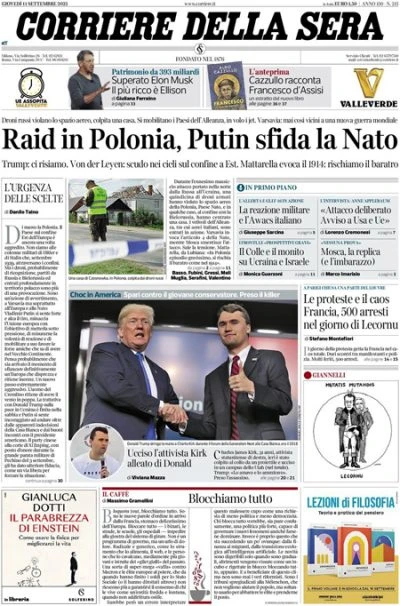 1 minuto faLe prime pagine di oggiI droni russi abbattuti in Polonia, le proteste in Francia, e l'uccisione di un attivista della destra statunitense